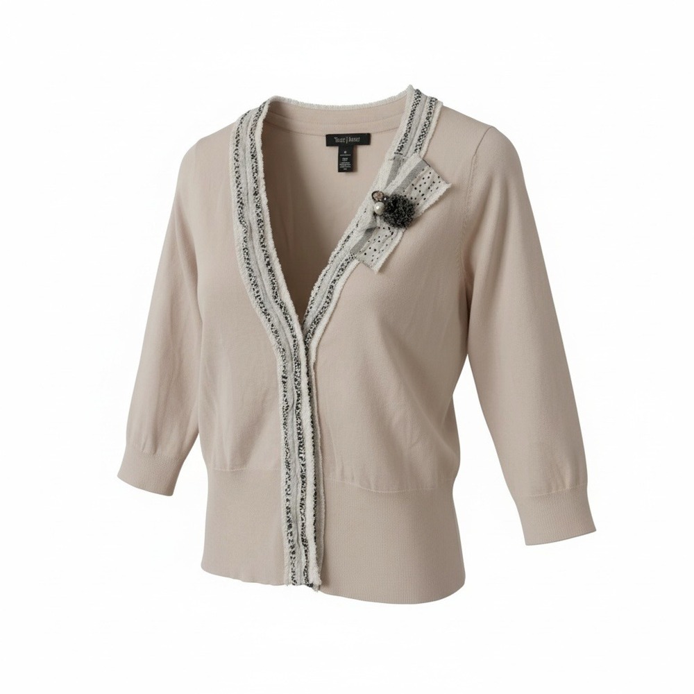 White House Black Market Embellished Cardigan Beige 3/4 Sleeve Button Front‎ M